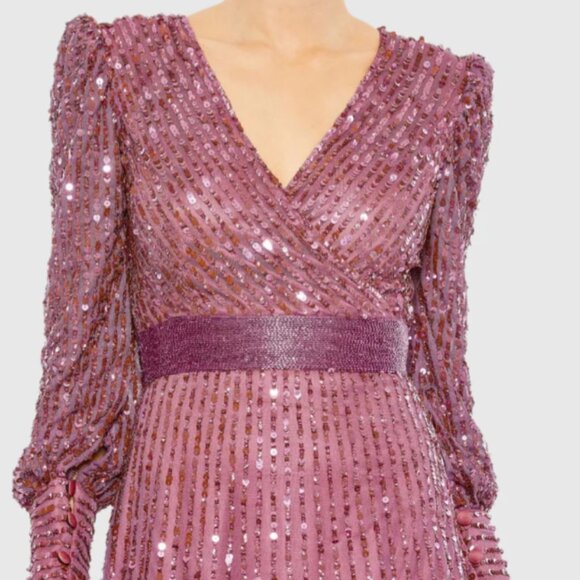 MAC DUGGAL 5720 SEQUINED WRAP OVER BISHOP SLEEVE MAUVE GOWN sz 8 - Picture 2 of 5